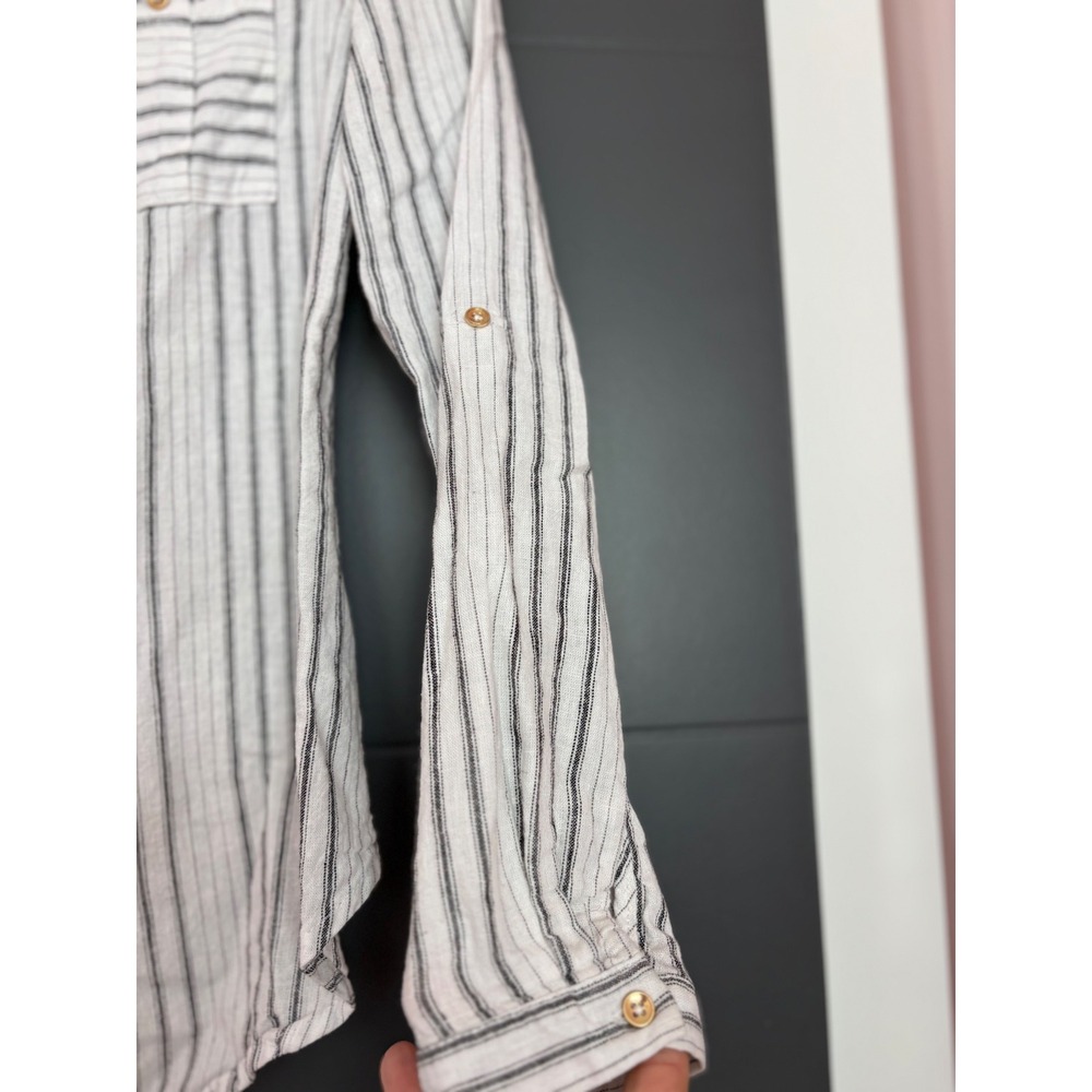 Zac & Rachel Womens Linen Blend Striped Button Down Blouse White Black Small - Picture 6 of 6